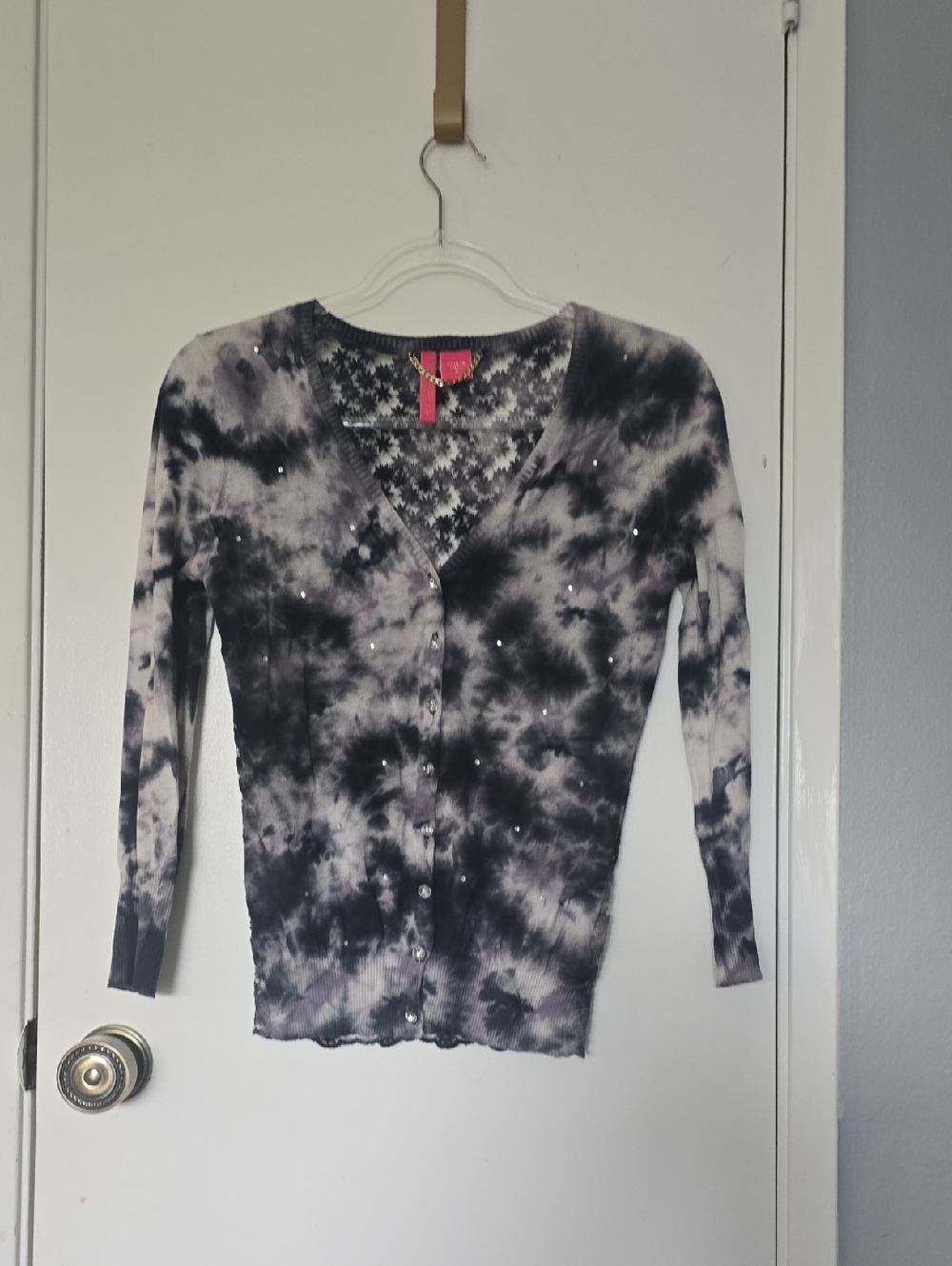 Charlotte Tarantola Black and White Tie-Dye Rhinestone Button Cardigan